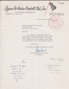 Sandy Koufax Important 1956 Document Pertaining to His Participation In Winter Ball